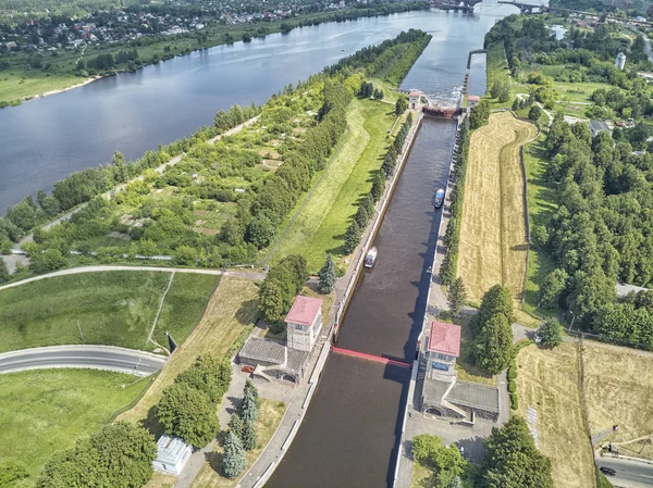 Sluice Chanel Moscou Volga Vista Aérea Drone — Fotografia de Stock