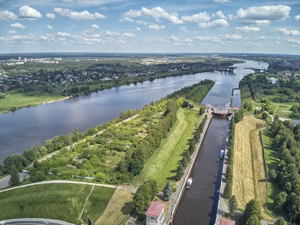 Sluice Sul Chanel Mosca Volga Vista Aerea Drone — Foto Stock