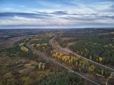 Rus seyrek nüfuslu köy. Yeşil çayırlar ve yoğun çalılar. Yukarıdan görüntüleyin. Drone havadan görünümü
