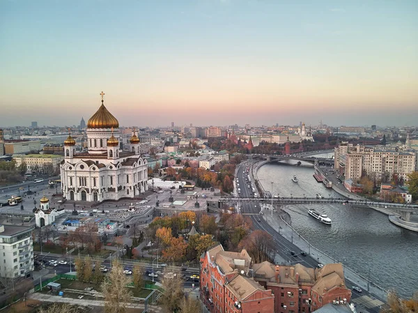 Sunset view of Moscow Cathedral of Christ the Savior in Moscow, Russia. Moscow river and patriarchal bridge in Moscow, Russia. aerial view