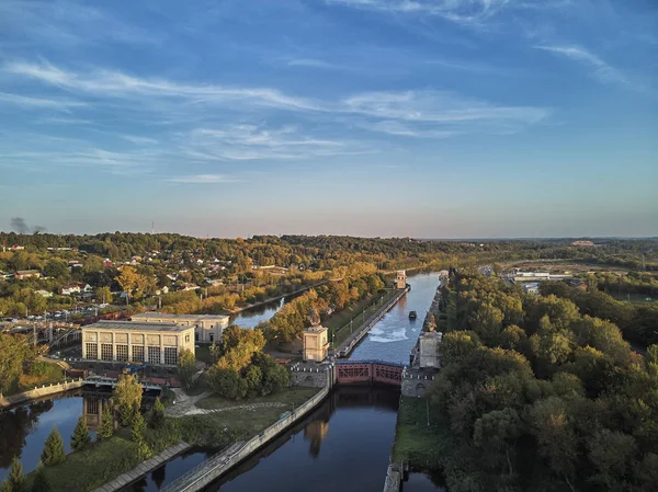 Schleuse Auf Der Chanel Moskau Wolga Luftaufnahme Dubna Dvitrov Drohnen — Stockfoto