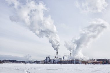 Stora Enso Imatran Paper Mill Finland saimaa lake winter. Blue sky