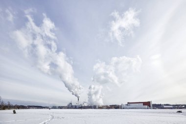 Stora Enso Imatran Paper Mill Finland saimaa lake winter. Blue sky