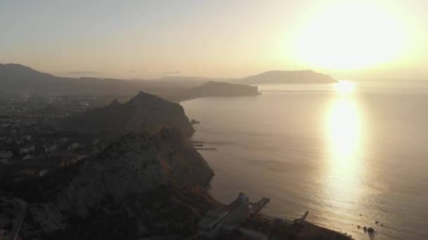 Luchtfoto Soldaia Castle Genuese Vesting Buurt Van Sudak Krim Zonsondergang — Stockvideo