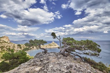 Dağları ve ağaçları Novyi Svit (yeni ışık) köyü yakınlarında. Şehir bölgesi Sudak, Kırım Cumhuriyeti. Panoramik görünüm
