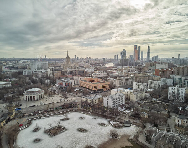 Moscow zoo from drone. High aerial view. Winter