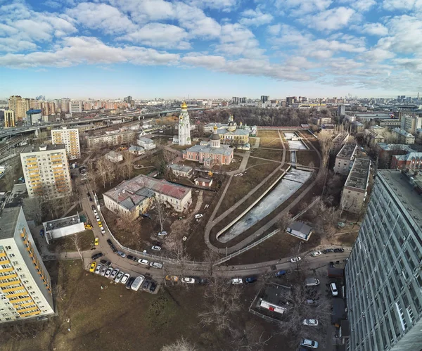 Orthodox cathedrals in architecture-historical ensemble Rogozhskaya sloboda in Moscow, Russia. Aerial dorne view