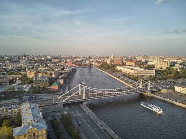 Krymsky Bridge or Crimean Bridge is a steel suspension bridge in Moscow, Russia. Aerial view.