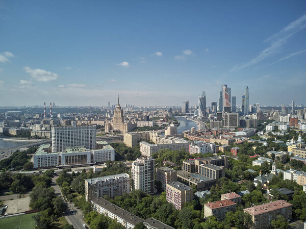 Moscow International Business Center and Moscow urban skyline. Panorama. Aerial drone view from barrikadnaya station