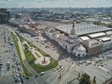 Moscow, Russia - July 21, 2019. Moscow top view at the Komsomolskaya square, also known as the square of three railway stations. Aerial drone view clipart