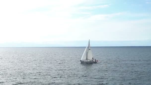 Aerial View Seascape White Sailing Boat Ocean Daytime — Stock Video