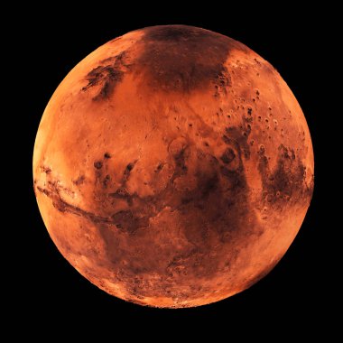 Mars kırmızı gezegen izole siyah arka plan üzerine. Nasa tarafından döşenmiş bu görüntü unsurları. 3D render