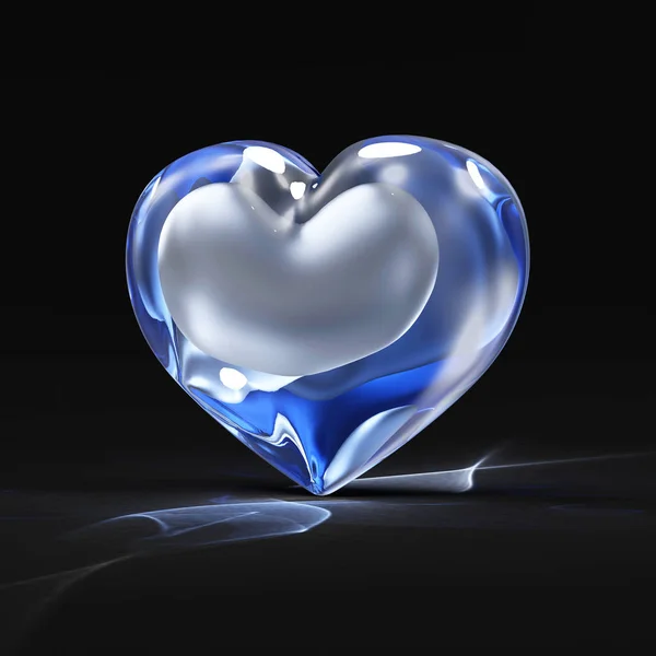 黒い背景に光効果でブルーのガラスの心 愛とロマンチックな概念 — ストック写真