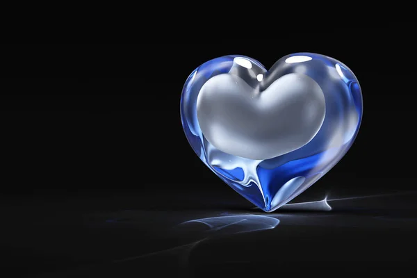 Синє Скло Серце Світловим Ефектом Чорному Тлі Любов Романтична Концепція — стокове фото