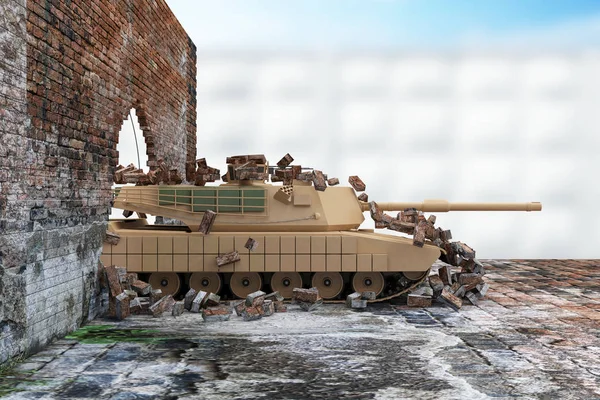 Military Tank Breaks Old Grunge Dirty Brick Wall Rendering — Stock Photo, Image