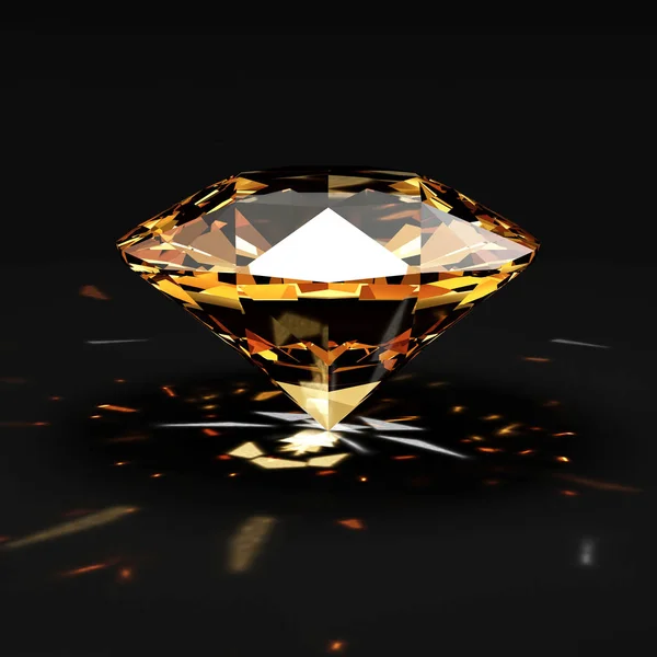 Orange Diamant Med Glödande Strålar Svart Bakgrund Rendering — Stockfoto