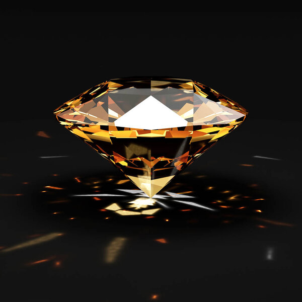 Orange Diamond with Glowing Rays on black background. 3D Rendering