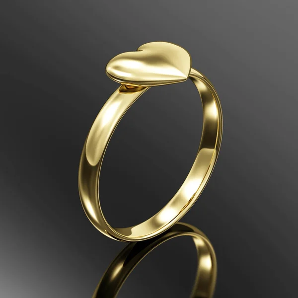 金戒指与心形 黑色背景上的爱情和浪漫符号 — 图库照片