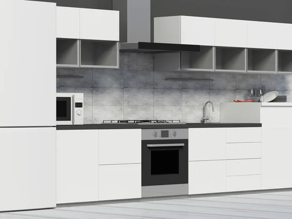 Interior Cocina Moderna Tonos Blancos Renderizado — Foto de Stock