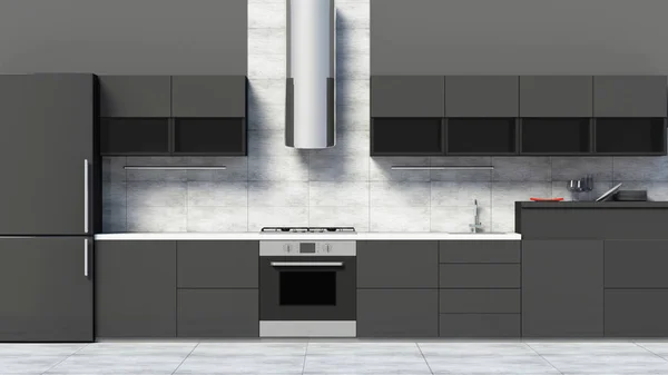 Vista Frontal Cocina Moderna Interior Negro Renderizado — Foto de Stock