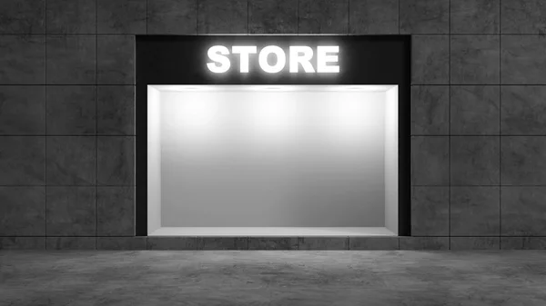 Modern Empty Store Front Big Window Night Rendering — Stock Photo, Image