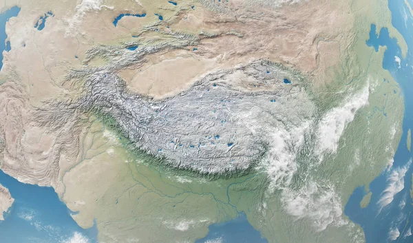 Close-up Detailed View on Tibetan Plateau from Space. Elements of this image furnished by NASA. 3D Rendering