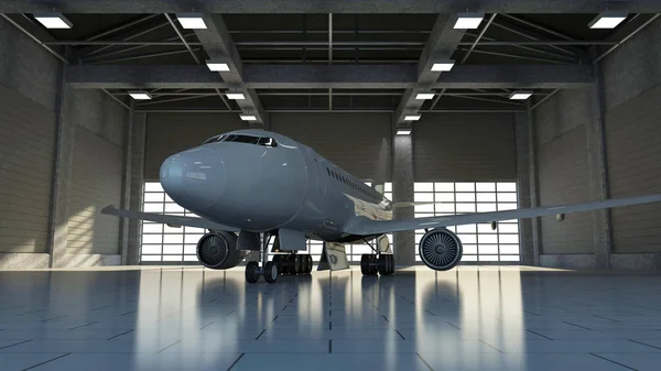 Avión Moderno Dentro Del Hangar Con Grandes Ventanas Renderizado — Foto de Stock