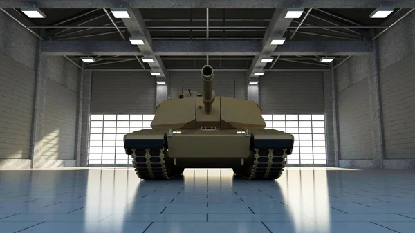 大型窗户现代机库中的重型军用坦克 — 图库照片