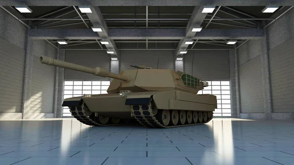 Heavy Military Tank Modern Hangar Big Windows Rendering — Stock Photo, Image