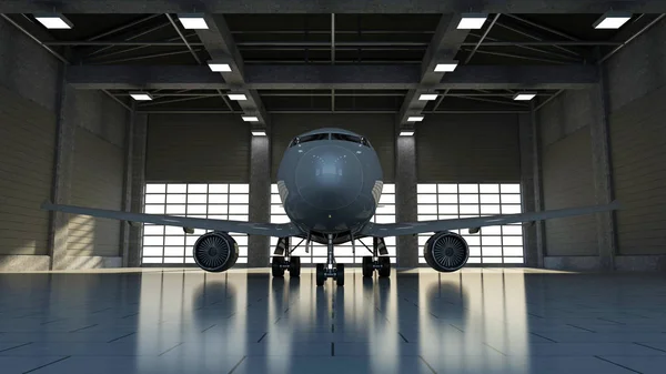 Avião Moderno Dentro Hangar Com Grandes Janelas Renderização Fotos De Bancos De Imagens