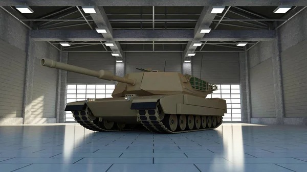 Zware Militaire Tank Moderne Loods Met Grote Ramen Rendering Stockafbeelding