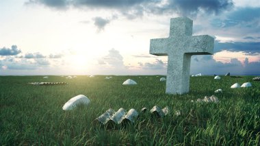 Terk edilmiş savaş günbatımı, 3d taş çapraz ile Render