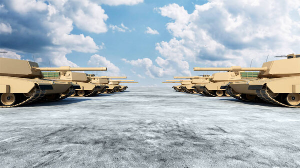 Rows of heavy military tanks in battlefield landscape, 3D Render