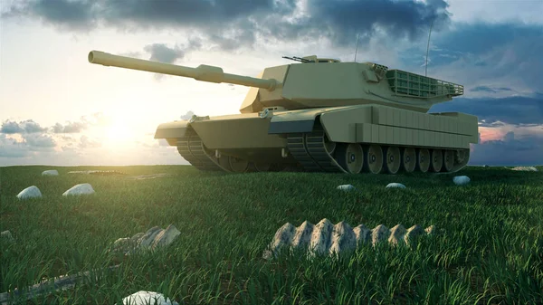 Zware Militaire Tank Slagveld Landschap Bij Zonsondergang Render — Stockfoto
