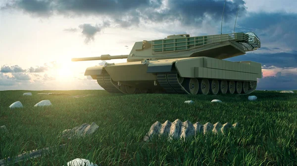 Zware Militaire Tank Slagveld Landschap Bij Zonsondergang Render — Stockfoto