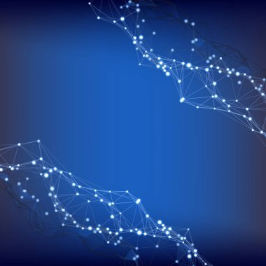 Arka plan ile noktalar ve çizgiler. Modern renkli kavramı mavi üçgenler ile. Vektör çizim 