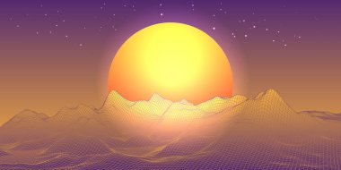 Soyut manzara küre güneş ufukta. Teknoloji vektör arka plan.