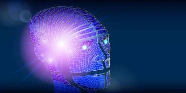 具有3D线框头的人工智能背景 摘要数字网格机器人头及内部发光技术横幅 矢量说明 — 图库矢量图片