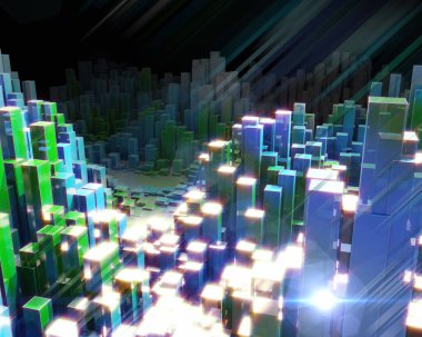 Kutu arkaplanlı üç boyutlu soyut bilgi grafiği. İş ve finans analitik temsilciliği. Büyük Data. Fütürist geometrik veri kavramını analiz eder