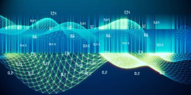 Dalgalı ızgaranın soyut fütüristik görselleştirmesi yapay zeka. Kuantum sanal şifrelemesi. Engelleme zinciri. Analitik algoritma verileri. Büyük veri.