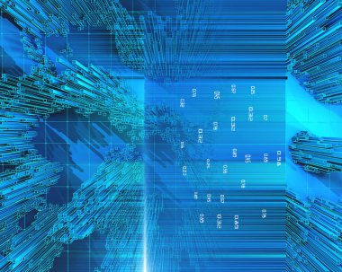 Mavi dış hatları ve bulanık çizgileri olan üç boyutlu soyut bilgi aktarımı. İş ve finans analitik kavramı. Fütürist geometrik veri gösterimini analiz eder. Büyük Veri.