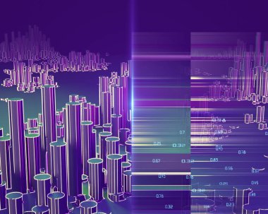Çokgen neon renkli ve bulanık çizgi efektli 3D fütüristik bilgi işleme. Büyük tablo. Soyut geometrik analiz veri konsepti. İş ve finans analitik temsil pankartı. Büyük veri. 