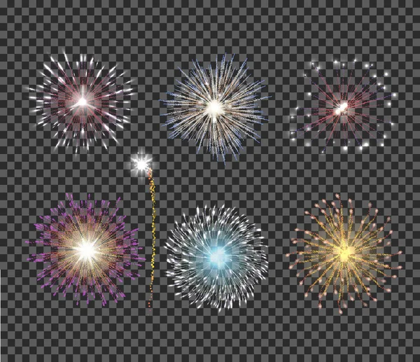 Ünnepek Színes Tűzijáték Tört Véletlenszerű Formák Csillogó Átlátszó Háttér Vektorillusztráció — Stock Vector