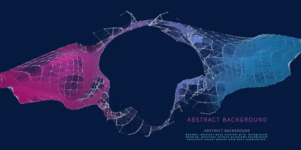 ダイナミック抽象波状のカラフルなグリッドの背景 光粒子表面ワイヤーフレームの概念 点の組み合わせを持つ未来的なベクトルバナー — ストックベクタ