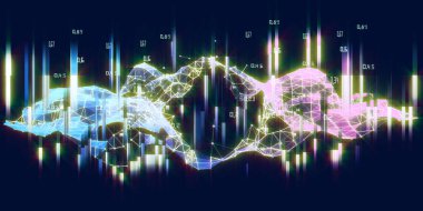 Soyut görselleştirme algoritma yapay zeka verilerini analiz eder. Renkli ve bulanık çizgileri olan kuantum sanal kriptografi konsepti. Analitik algoritma bilim ve teknoloji afişi. Büyük veri. Engelleme zinciri. 