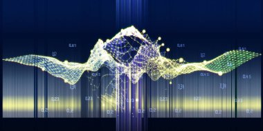 Soyut görselleştirme algoritma dalgalı ızgara verilerini analiz eder. Yapay zeka. Renkli ve bulanık çizgileri olan kuantum sanal kriptografi konsepti. Engelleme zinciri. İş, bilim ve teknoloji afişi. Büyük veri.