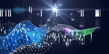 Büyük veri. Karanlık arkaplanda bulanık çizgileri olan dalgalı, parıltılı ızgara verileri olan soyut bilgi grafikleri kavramı. Veri tablosu 3d ızgara veri grafiği pankartı.