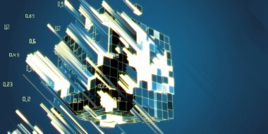 Soyut görselleştirme algoritmayı analiz eder büyük grup küp verileri. Büyük veri. Kuantum sanal şifrelemesi. Kablo kutuları ve ışık çizgileri efektiyle sanal gerçeklik kavramı. İş, bilim ve teknoloji afişi. Yapay zeka.