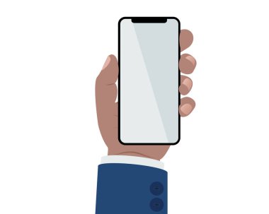 İş adamı elleri cep telefonunu boş ekranda tutuyor. Mesajlaşma, çevrimiçi iletişim. Çizgi film tarzında vektör illüstrasyonu.