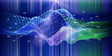 Büyük veri. Soyut görselleştirme çokgonale algoritmasını analiz eder. Yapay zeka verisi. Renkli ve bulanık çizgileri olan kuantum sanal kriptografi konsepti. Analitik algoritmalar bilim, teknoloji ve işler için pankart. Engelleme zinciri.